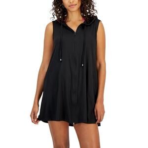 J Valdi Women's Sleeveless Full-Zip Hoodie Cover-Up Black Size S